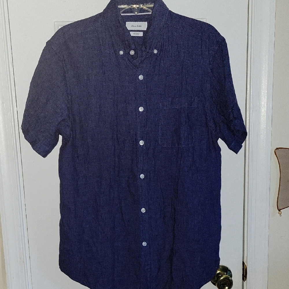 Mens Classic Navy Linen Button-Down Shirt